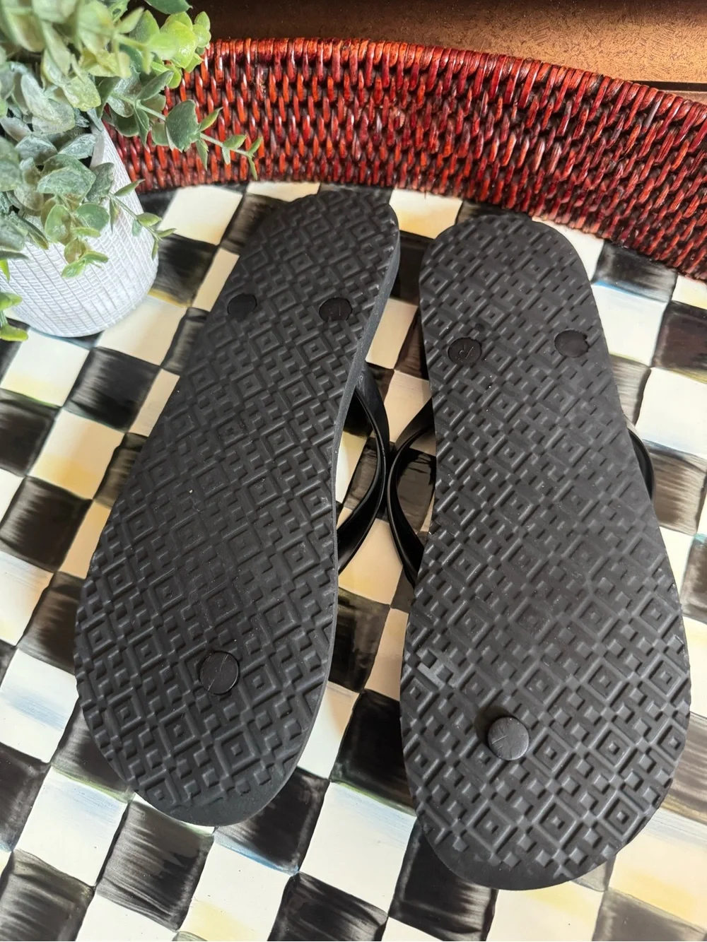 Tory Burch Black and Gray Logo Flip Flops